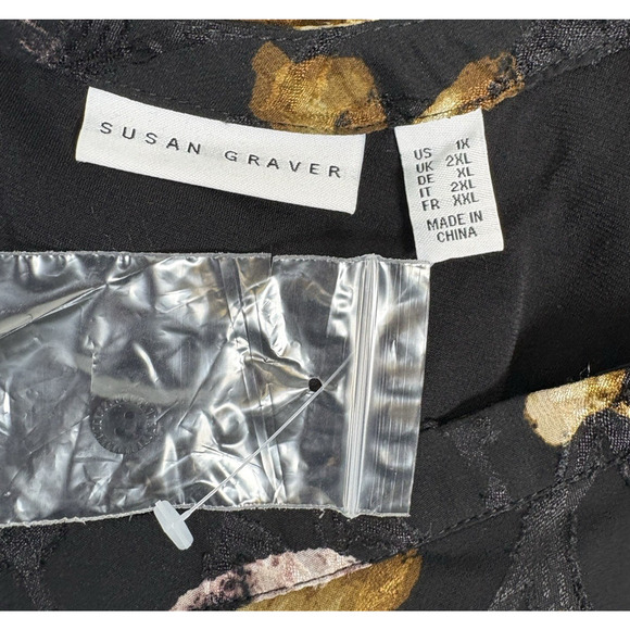 Susan Graver 1X Top Black Gold Floral Chiffon Long Balloon Slv Textured Boho - Picture 4 of 11